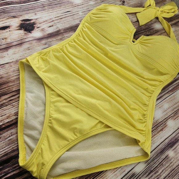 Tommy Bahama Bathing‎ Suit Womens 4 Yellow 1 Pc Ruched Halter Top Slimming PinUp - Picture 2 of 11